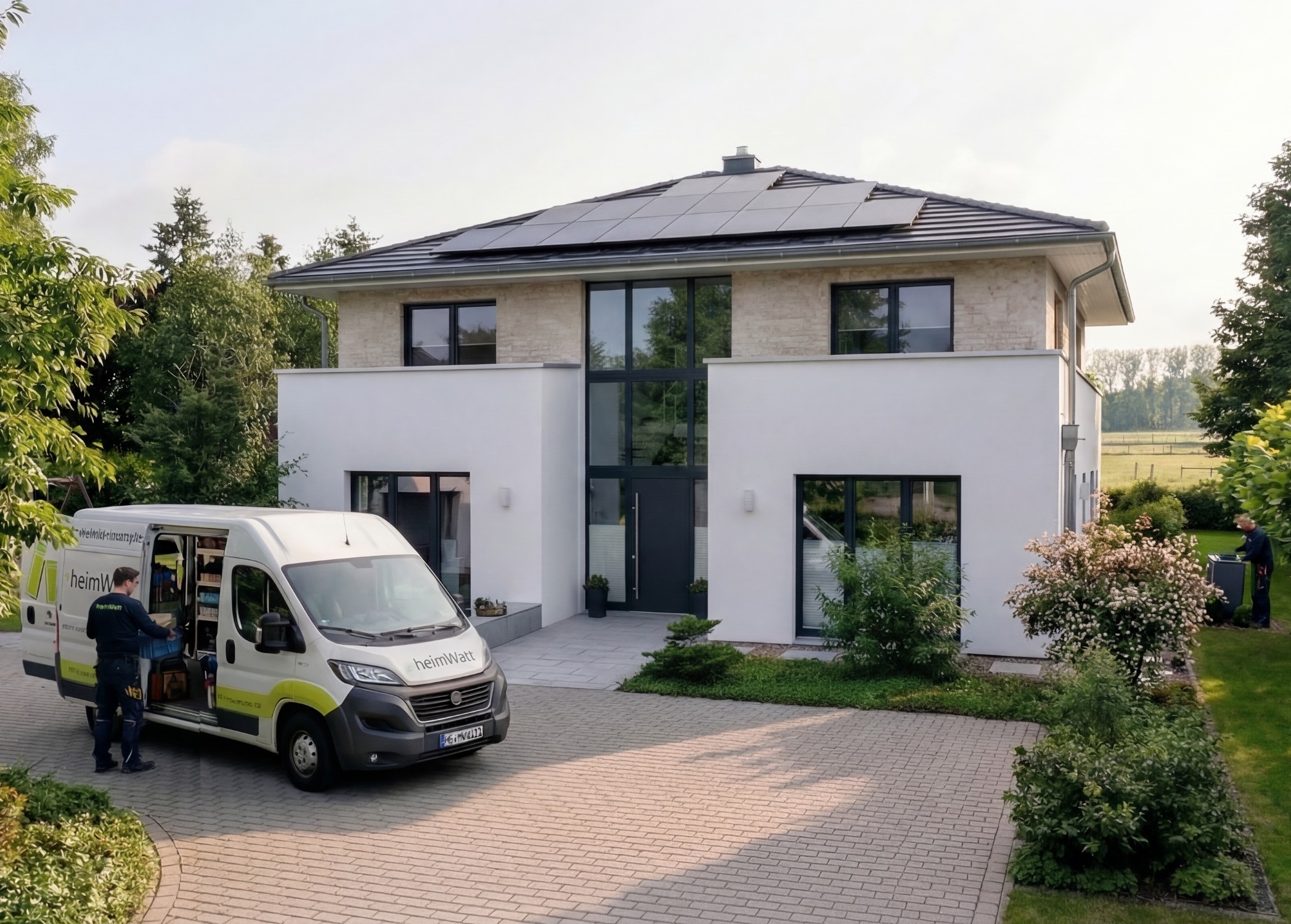 Haus mit Photovoltaik und W&auml;rmepumpe und einem Handwerker-Auto von heimWatt davor
