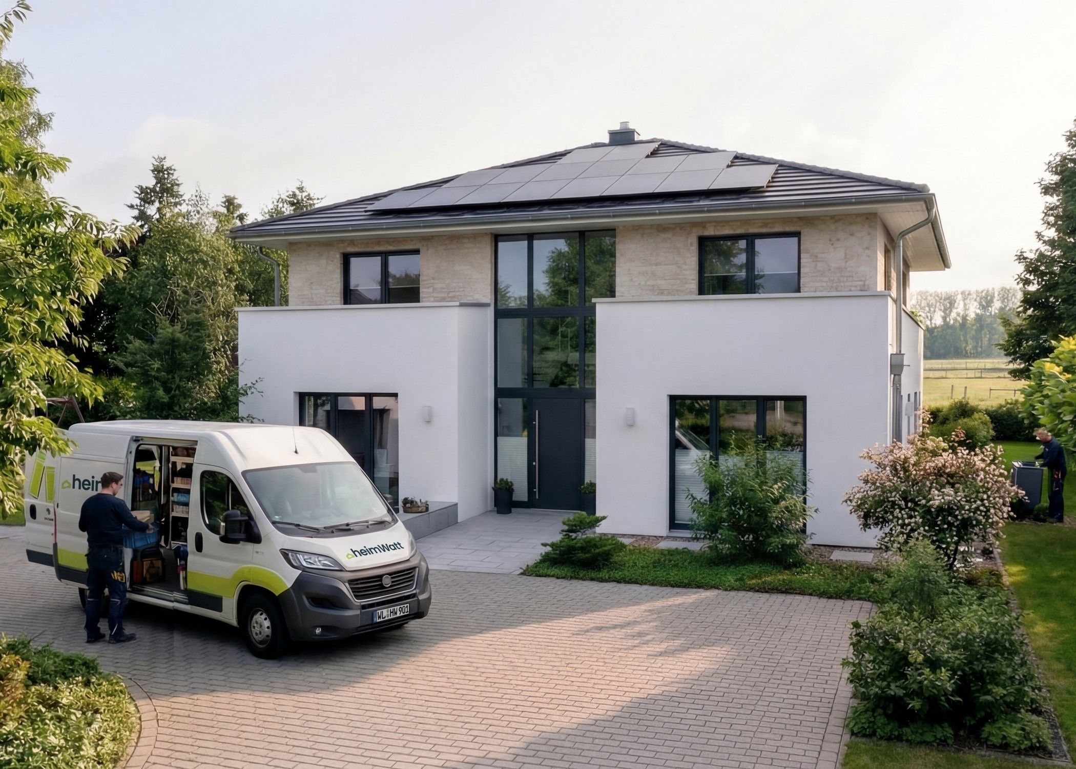 Haus mit Photovoltaik und W&auml;rmepumpe und einem Handwerker-Auto von heimWatt davor